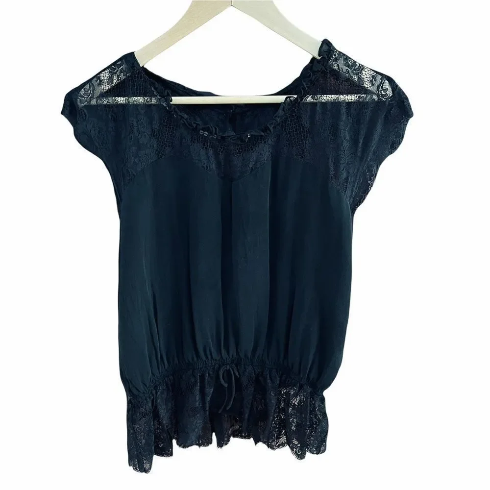 Express Black Lace Peplum Silk Blouse Sequins M - Picture 11 of 15